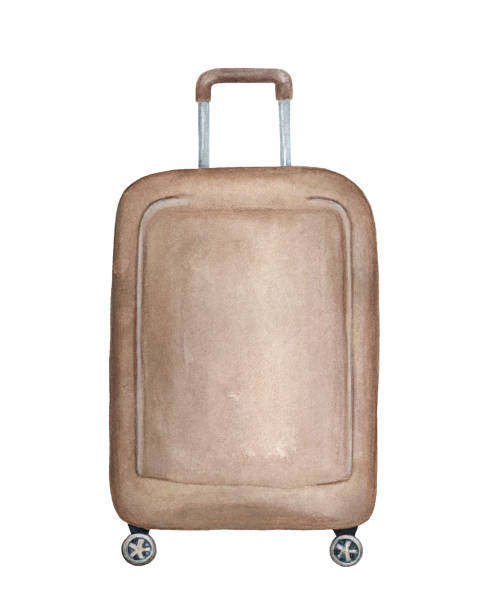 Big vertical suitcase handmade illustration. One single object, dark beige colour, rectangular shape, rounded corners. Hand drawn watercolor sketchy painting on white, cutout clip art design element. packing a suitcase pictures stock illustrations