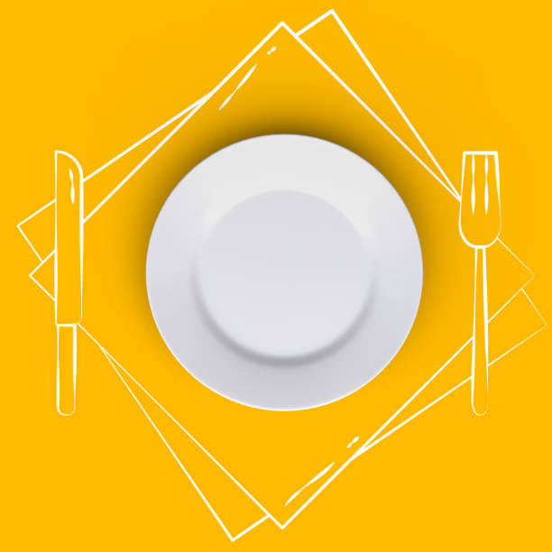 istock White round plate on table with hand drawn painted knife, fork and napkin. Creative illustration. Front or above view. 3D render. 1092903102
