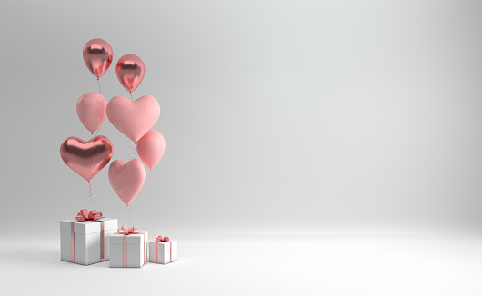 3d render illustration of realistic pastel pink and rose gold balloons and gift box with bow on white background. Empty space for party, promotion social media banners, posters. Heart shape balloons