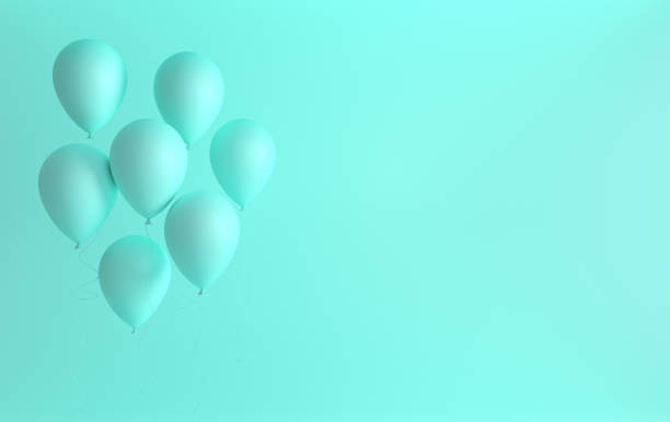 Illustration of mat turquoise balloons on pastel colored background. Empty space for birthday, party, promotion social media banners, posters. 3d render realistic balloons