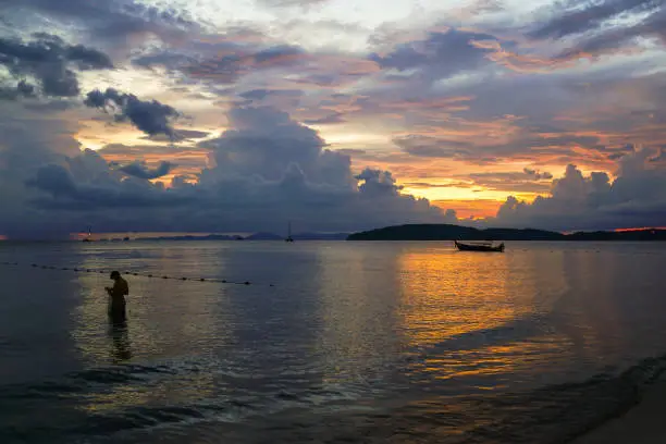 Beautiful sunset at Aonang beach at Krabi, Thailand