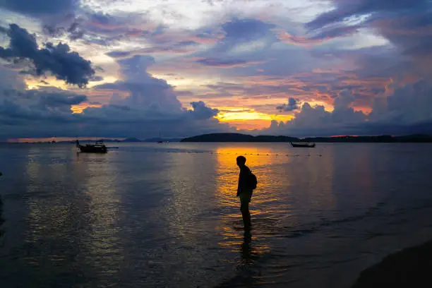 Beautiful sunset at Aonang beach at Krabi, Thailand