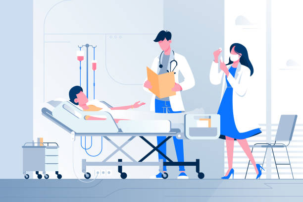 Flat sick young person lies with dropper near with doctor and nurse at the hospital. Flat sick young person lies with dropper near with doctor and nurse at the hospital. Concept man and woman characters, medicine, help people. Vector illustration. hospital emergency stock illustrations