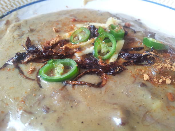 Delicious traditional haleem dish with green pepper  in a bowl