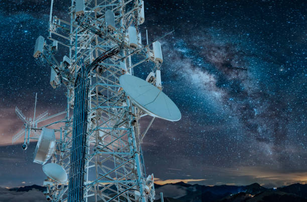 5G Milky Way Cell Tower: Cellular communications tower for mobile phone and video data transmission stock photo