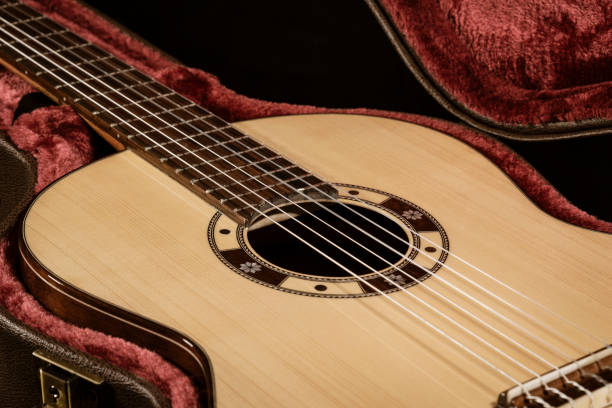 istock Acoutic guitar sits in red velvet lined case 1093002618