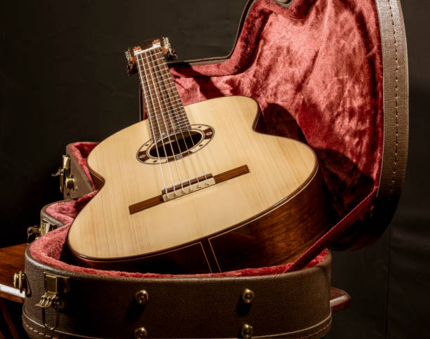 istock Acoutic guitar sits in red velvet lined case 1093002632