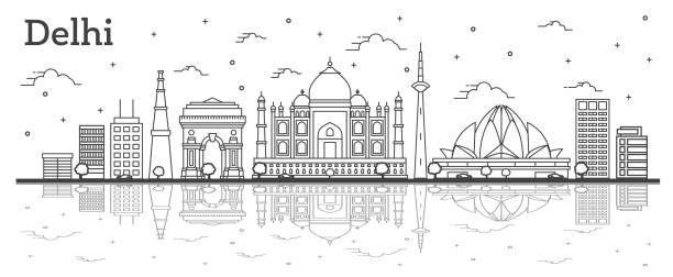 ilustraciones, imágenes clip art, dibujos animados e iconos de stock de horizonte de contorno delhi india ciudad con edificios históricos y reflexiones aisladas sobre fondo blanco. - delhi