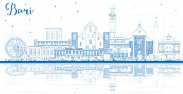 illustrazioni stock, clip art, cartoni animati e icone di tendenza di delinea lo skyline della città di bari italia con edifici blu e riflessi. - bari