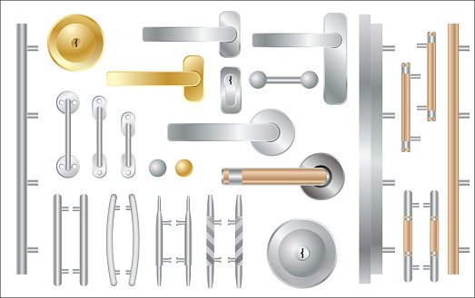 Door Handles Set Isolated on White. Window and Door Accessories. Vector Illustration.