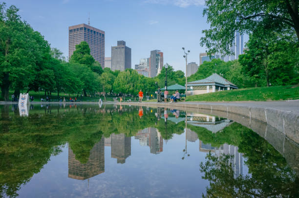 Frog Pond in Boston Common with reflection of buildings and locals walkings and resting by the water stock photo