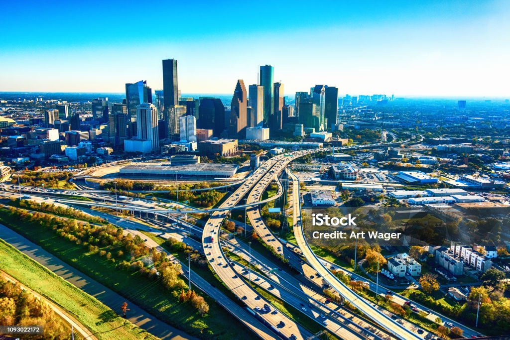 City of Houston Texas Aerial The downtown skyline and surrounding metropolitan area of Houston, Texas; the fourth largest city in the United States shot from an altitude of about 1000 feet. Houston - Texas Stock Photo