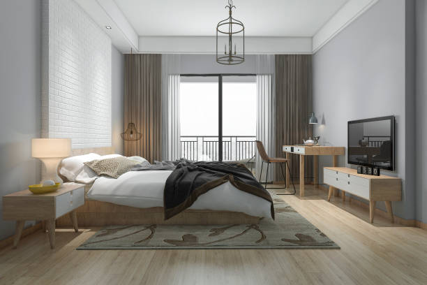 istock 3d rendering beautiful minimal bedroom suite in hotel with tv 1093025212