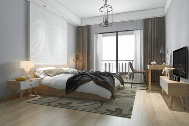 istock 3d rendering beautiful minimal bedroom suite in hotel with tv 1093025214