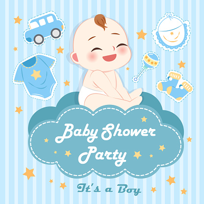 cute cartoon boy and baby shower invitation card with toys on blue background