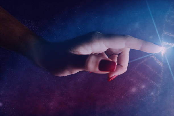istock Close up of woman Touching DNA molecule. Nebula dust in infinite space. Mixed media. 1093038016