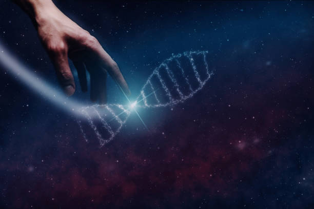 Close up of man Touching DNA molecule. Nebula dust in infinite space. Mixed media. Close up of man Touching DNA molecule. Nebula dust in infinite space. Mixed media. crispr photos stock pictures, royalty-free photos & images