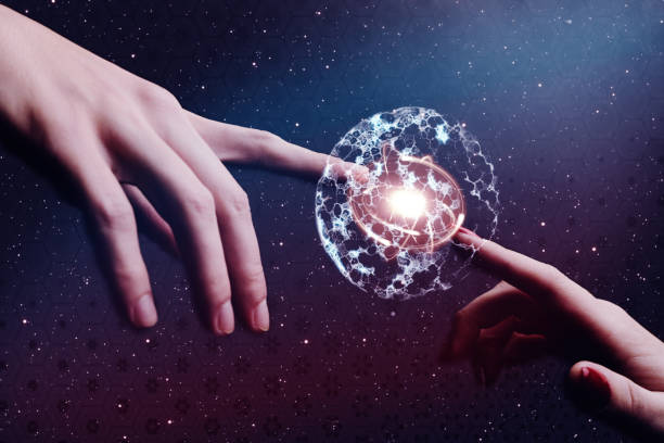 istock Human hand holding cell dividing and atom. Nebula dust. Mixed media. 1093041004