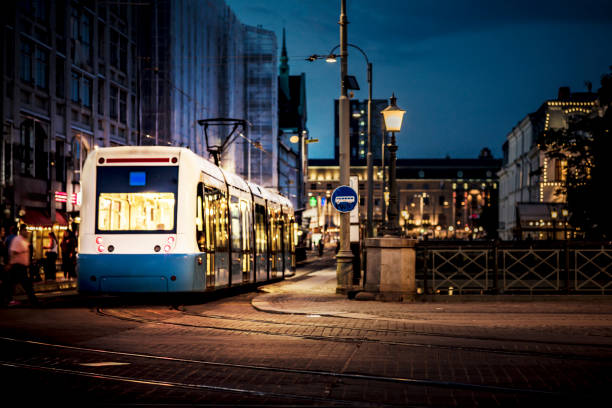 istock Tram in city at night 1093060664