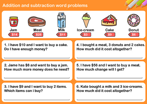 At the supermarket, Addition and Subtraction word problems - Worksheet for education.