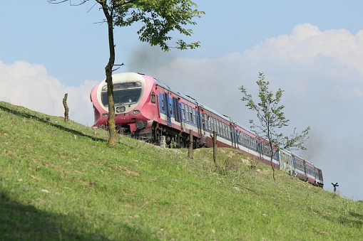 Train moving on railway track in Pulwama, Jammu and Kashmir.