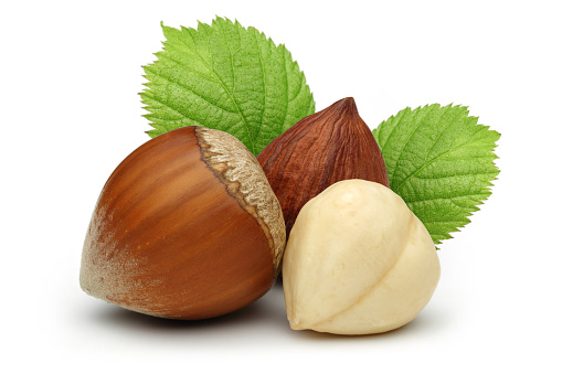 Hazelnuts and leaves isolated on white background