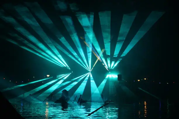 Colorful lasershow at the ring canal Zuidplaspolder during the Vlootschouw event in Nieuwerkerk aan den IJssel.