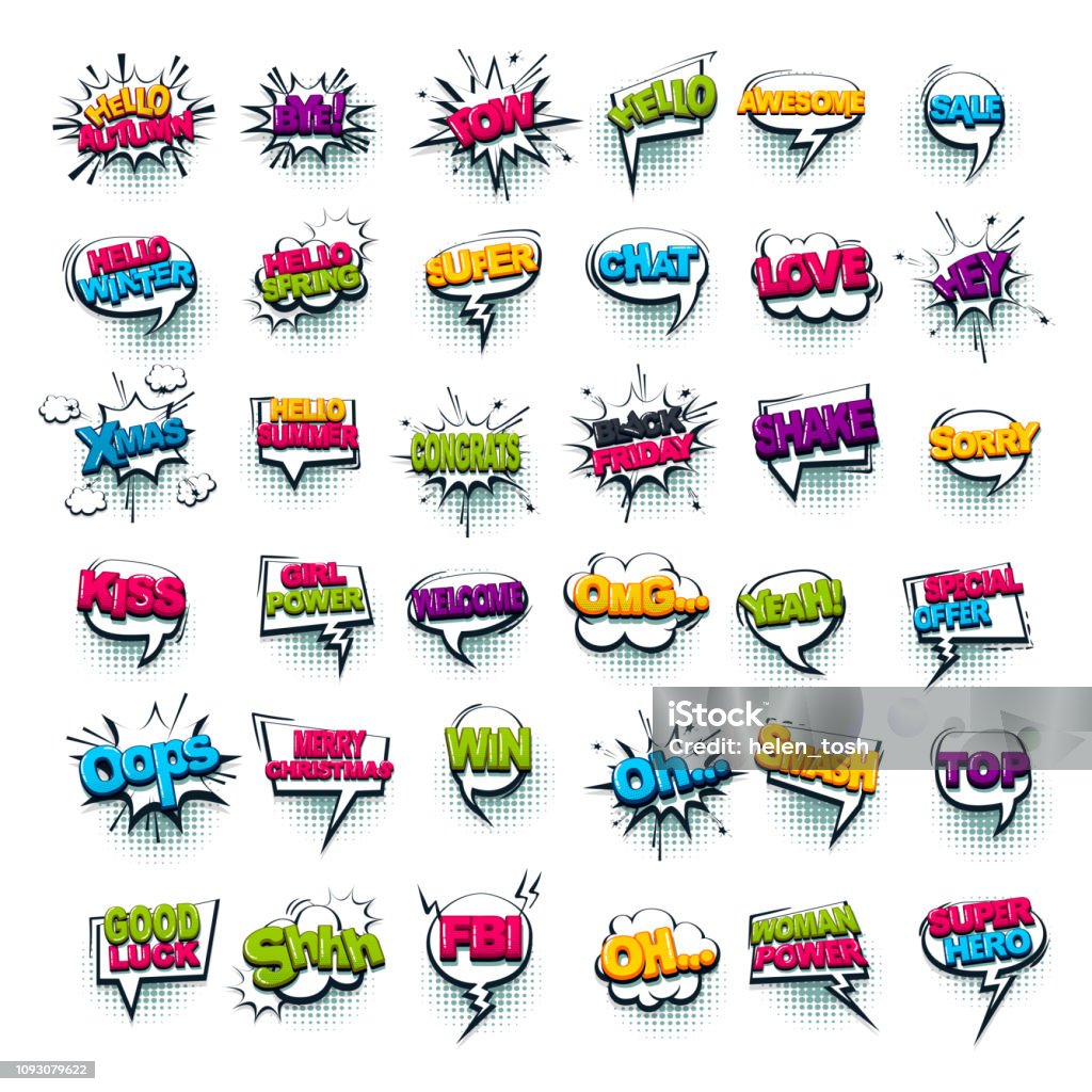 Comic text collection sound effects pop art style Comic text WOW, boom, bang collection sound effects pop art style. Set vector speech bubble with word phrase cartoon expression illustration. Comics book colored background template. Comic Book stock vector