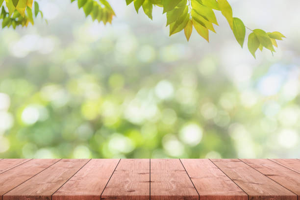 istock Empty wood table top and blurred view from green tree garden bokeh background - can used for display or montage your products. 1093084134