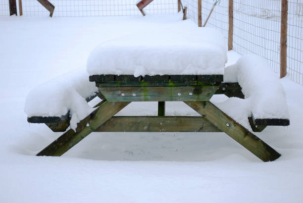 istock White snow cover all over wood table 1093085424