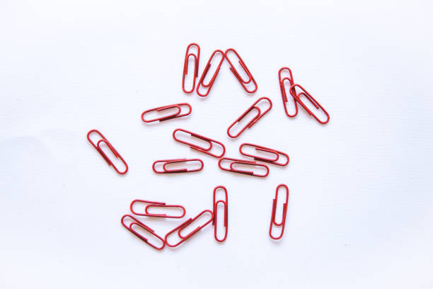 Closeup of red paper clips on a white background lie abstract.