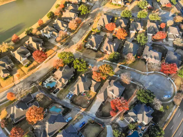 Aerial view lakefront neighborhood with cul-de-sac (dead-end) street near Dallas, Texas. Morning autumn season with colorful fall foliage leaves