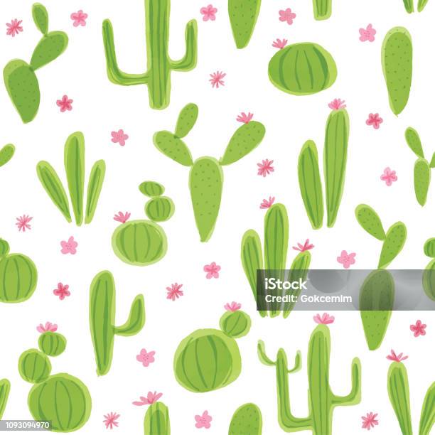 Seamless Pattern With Watercolor Cactus Plants Variety Of Different Types Of Cactus Hand Drawn Stock Illustration - Download Image Now