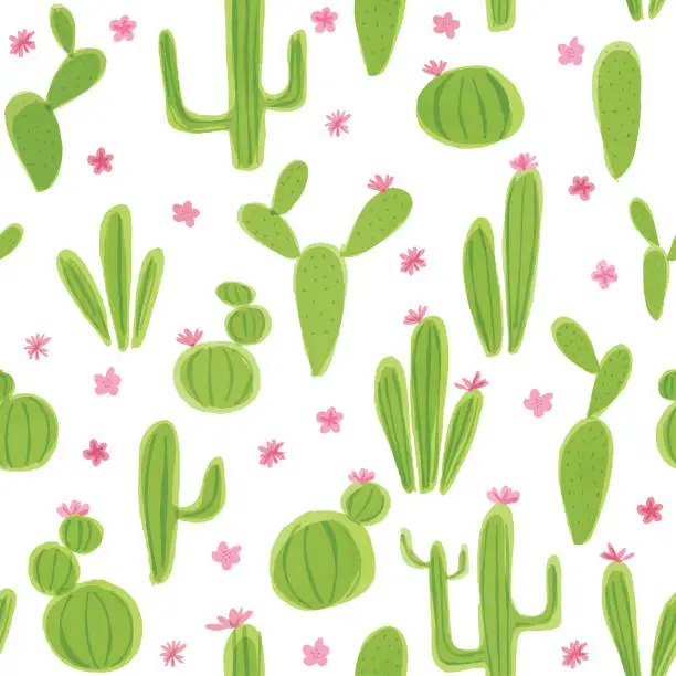 Vector illustration of Seamless Pattern with Watercolor Cactus Plants. Variety of different types of cactus, hand drawn