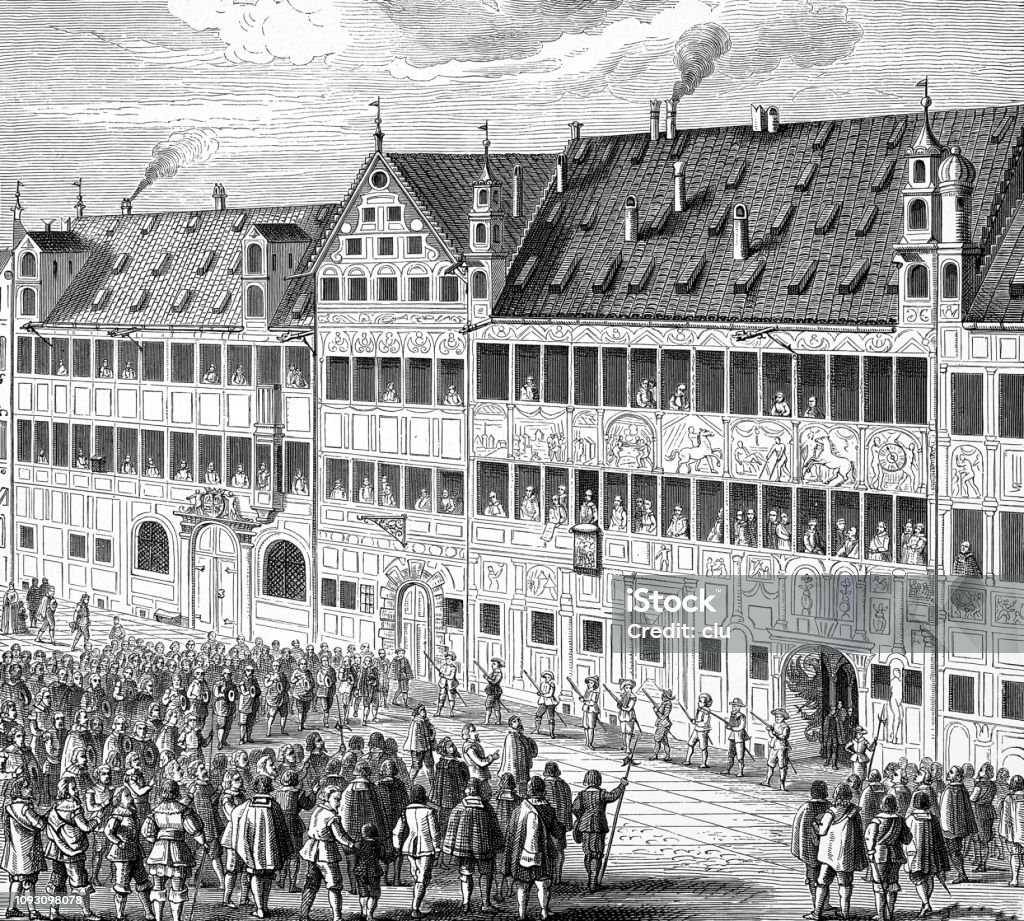 The Fuggerhaus in Augsburg, homage of the citizens Illustration from 19th century Augsburg stock illustration
