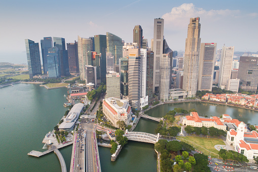 Aerial view Panoramic of the Singapore Skyline and Marina Bay, the marina is the centre of the economy in singapore, there are here all the building of all the majors bank and insurance.