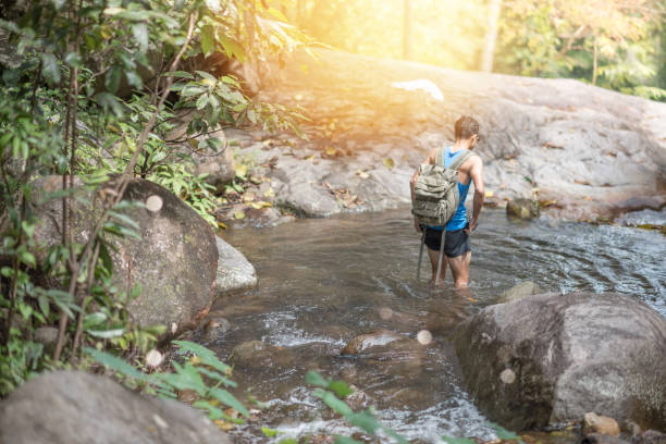 istock Hiker backpack with laptop and phone at  waterfall  the forest. 1093101422
