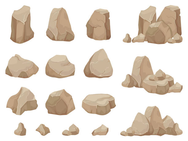 Stone rock. Stones boulder, gravel rubble and pile of rocks cartoon isolated vector set Stone rock. Stones boulder, gravel rubble and pile of rocks. Stone for wall or mountain. Granite rock for game, geology cartoon isolated vector icons set brown illustrations stock illustrations