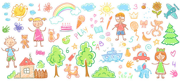 illustrazioni stock, clip art, cartoni animati e icone di tendenza di disegni per bambini. dipinti di doodle per bambini, disegno pastello per bambini e illustrazione vettoriale per bambini disegnata a mano - kids