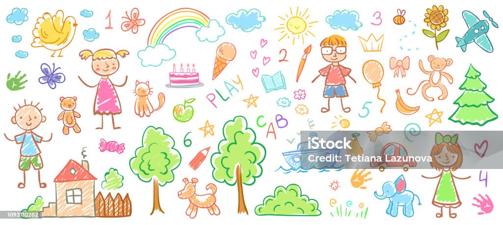 Child drawings. Kids doodle paintings, children crayon drawing and hand drawn kid vector illustration Child drawings. Kids doodle paintings, children crayon drawing and hand drawn kid elephant, house and trees pastel pencil doodle vector illustration Child stock vector