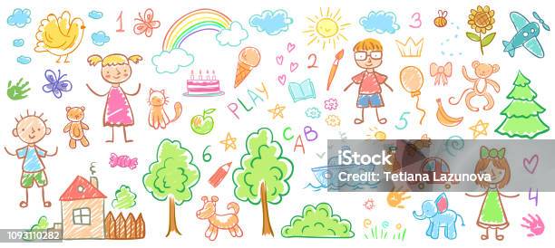 Child Drawings Kids Doodle Paintings Children Crayon Drawing And Hand Drawn Kid Vector Illustration Stock Illustration - Download Image Now