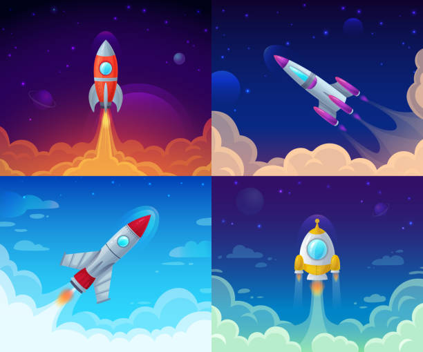 запуск ракеты. космические путешествия, галактика ракетный корабль и бизнес-план успеха начать вектор мультфильм концепции иллюстрации - takeoff stock illustrations