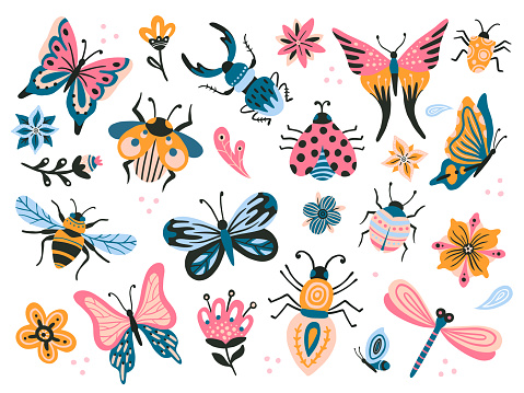 Cute bugs. Child drawing insects, flying butterflies and baby ladybird. Flower butterfly, fly insect and beetle. Flies horned bug insects and dragonfly flat vector isolated icons set