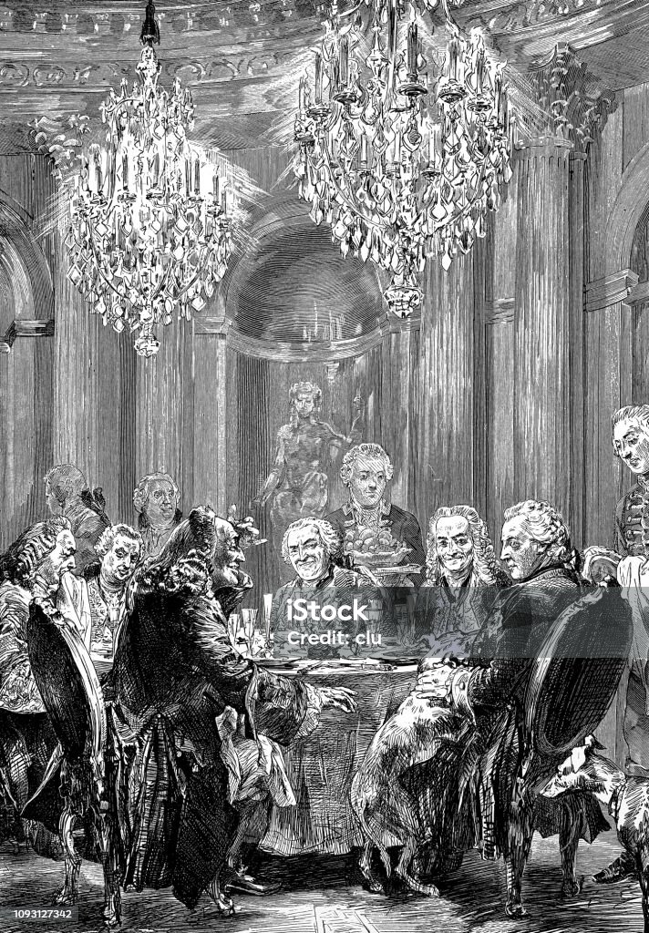 Frederick the Great at the Round Table in Sanssouci palace Illustration from 19th century Round Table stock illustration
