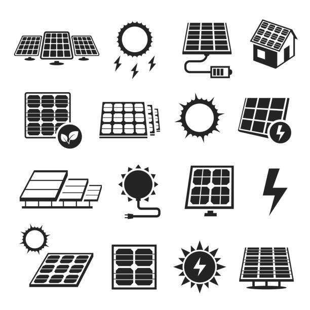 Solar panels technology, black and white icon set Solar panels technology, black and white icon set. Devices that convert light into electricity. Vector illustration on white background solar power station stock illustrations