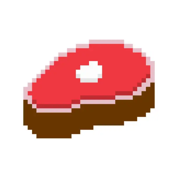 Vector illustration of Slice meat pixel art. pork on bone 8 bit. Piece of Beef beefsteak Old school games graphics