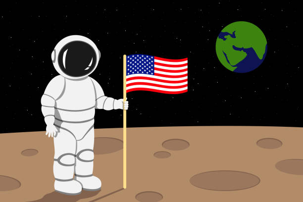 American astronaut lending on moon and hold flag of USA in his hand. Vector illustration American astronaut lending on moon and hold flag of USA in his hand. Vector illustration. landing touching down stock illustrations