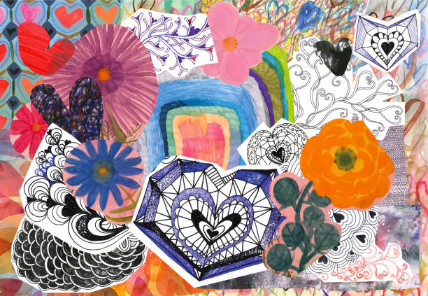 ilustraciones, imágenes clip art, dibujos animados e iconos de stock de collage de flores y corazones - colores ilustraciones