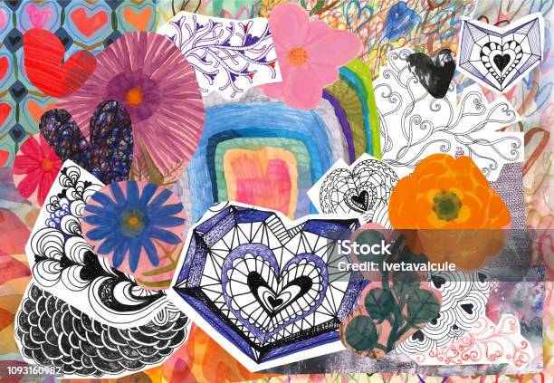 Flowers And Hearts Collage Stock Illustration - Download Image Now - Art, Flower, Painted Image