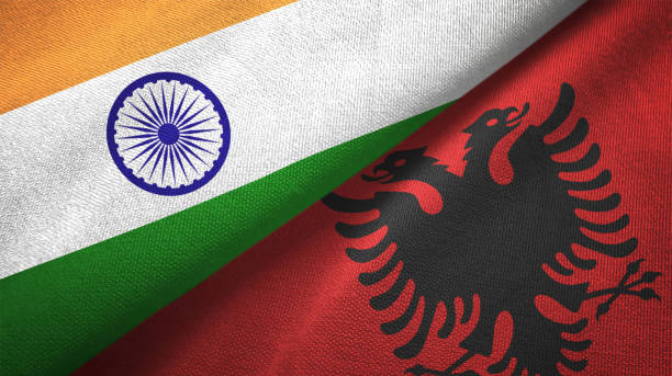 istock Albania and India two flags together textile cloth fabric texture 1093161634